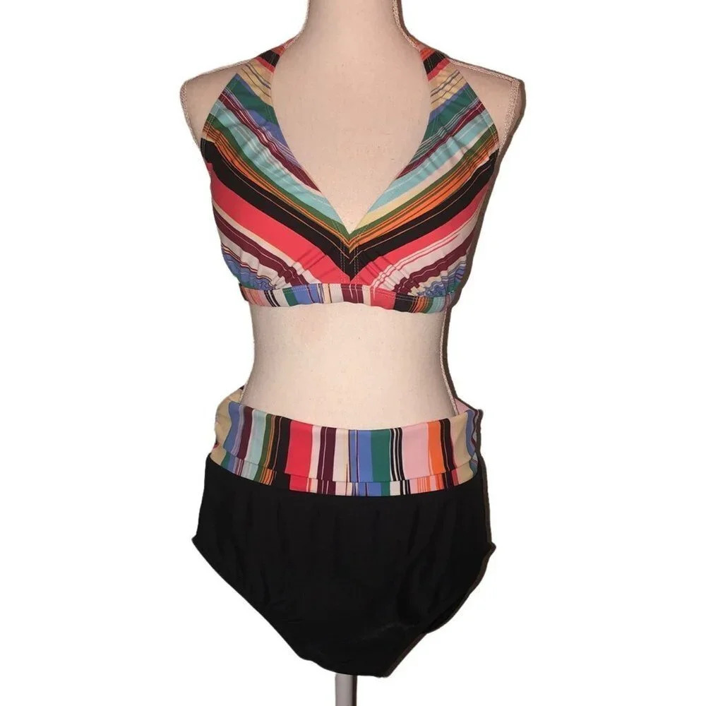 SWIMSUITS FOR ALL Sz 18 Women's Plus Size Striped 2 pc Padded Halter Swimsuit